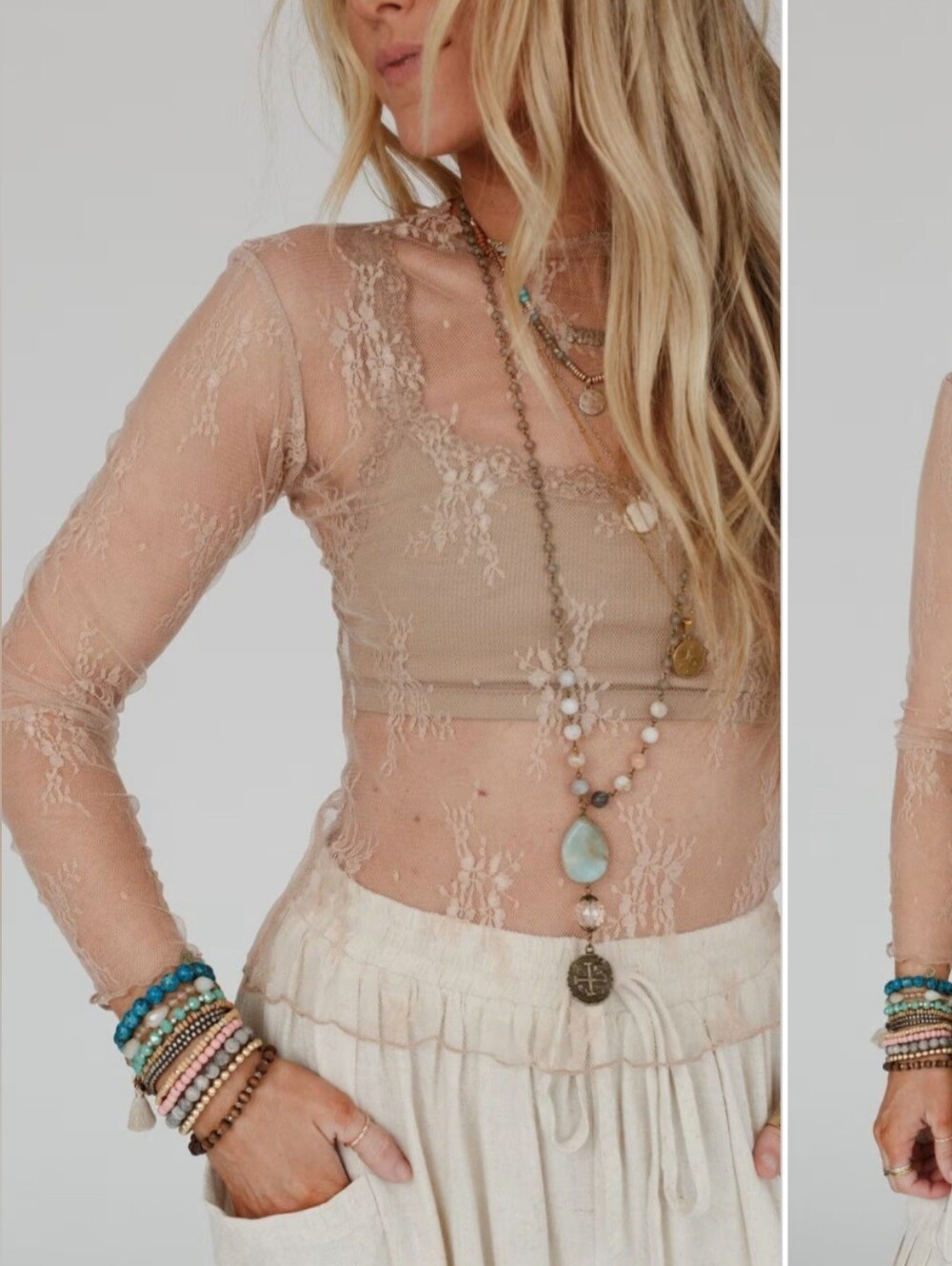 Eli's Western Sheer Lace Champagne Sand Lettuce Edge Long Sleeve Layering Top